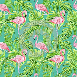 Watercolor illustration seamless pattern of tropical leaves and pink flamingo. Perfect as background texture, wrapping paper,