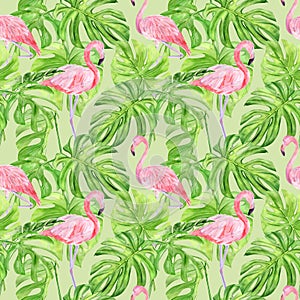 Watercolor illustration seamless pattern of tropical leaves and pink flamingo. Perfect as background texture, wrapping paper,