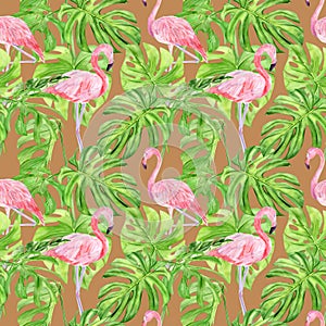 Watercolor illustration seamless pattern of tropical leaves and pink flamingo. Perfect as background texture, wrapping paper,