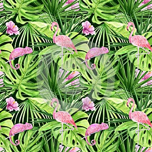 Watercolor illustration seamless pattern of tropical leaves and pink flamingo. Perfect as background texture, wrapping paper,