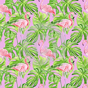 Watercolor illustration seamless pattern of tropical leaves and pink flamingo. Perfect as background texture, wrapping paper,