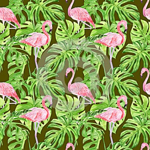 Watercolor illustration seamless pattern of tropical leaves and pink flamingo. Perfect as background texture, wrapping paper,