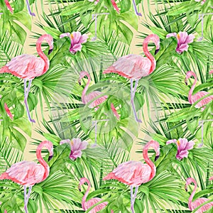 Watercolor illustration seamless pattern of tropical leaves and pink flamingo. Perfect as background texture, wrapping paper,