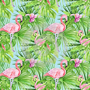 Watercolor illustration seamless pattern of tropical leaves and pink flamingo. Perfect as background texture, wrapping paper,