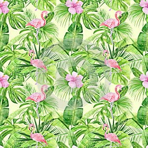 Watercolor illustration seamless pattern of tropical leaves and pink flamingo. Perfect as background texture, wrapping paper,