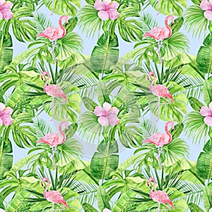 Watercolor illustration seamless pattern of tropical leaves and pink flamingo. Perfect as background texture, wrapping paper,