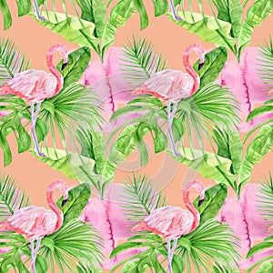 Watercolor illustration seamless pattern of tropical leaves and pink flamingo. Perfect as background texture, wrapping paper,