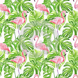Watercolor illustration seamless pattern of tropical leaves and pink flamingo. Perfect as background texture, wrapping paper,