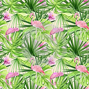 Watercolor illustration seamless pattern of tropical leaves and pink flamingo. Perfect as background texture, wrapping paper,