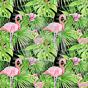 Watercolor illustration seamless pattern of tropical leaves and pink flamingo. Perfect as background texture, wrapping paper,