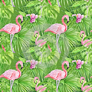 Watercolor illustration seamless pattern of tropical leaves and pink flamingo. Perfect as background texture, wrapping paper,