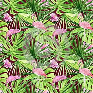 Watercolor illustration seamless pattern of tropical leaves and pink flamingo. Perfect as background texture, wrapping paper,