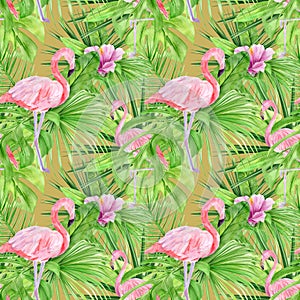 Watercolor illustration seamless pattern of tropical leaves and pink flamingo. Perfect as background texture, wrapping paper,