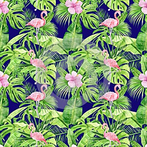 Watercolor illustration seamless pattern of tropical leaves and pink flamingo. Perfect as background texture, wrapping paper,