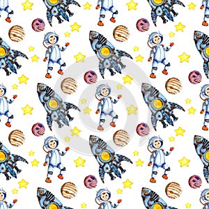 Watercolor illustration seamless repeating pattern cosmos, rocket, astronaut, stars, planets.