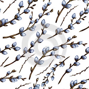 Watercolor illustration of seamless repeating pattern of pussy willow twigs