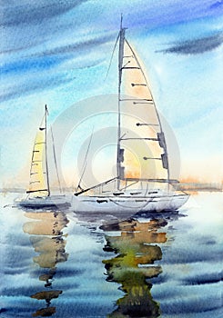 Watercolor illustration of a seascape with two white sailing yachts on a blue sea