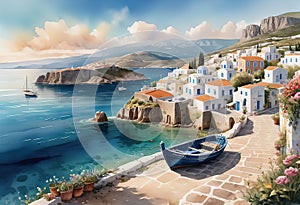 Watercolor illustration, seaside landscape of old Italy (Greece) with houses and fishing boats,