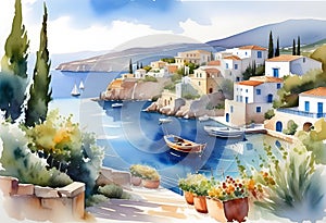 Watercolor illustration, seaside landscape of old Italy (Greece) with houses and fishing boats,