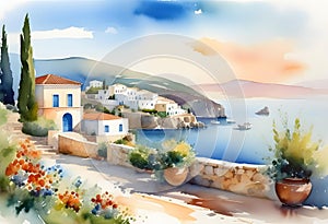 Watercolor illustration, seaside landscape of old Italy (Greece) with houses and fishing boats,