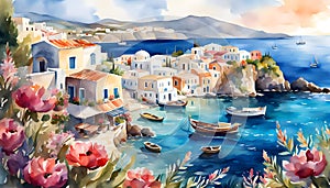 Watercolor illustration, seaside landscape of old Italy (Greece) with houses and fishing boats,