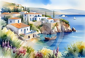 Watercolor illustration, seaside landscape of old Italy (Greece) with houses and fishing boats,