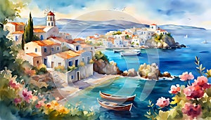 Watercolor illustration, seaside landscape of old Italy (Greece) with houses and fishing boats,