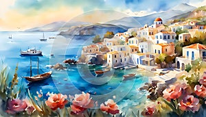 Watercolor illustration, seaside landscape of old Italy (Greece) with houses and fishing boats,