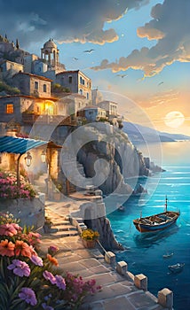 Watercolor illustration, seaside landscape of old Italy (Greece) with houses and fishing boats,