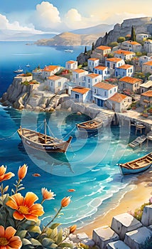 Watercolor illustration, seaside landscape of old Italy (Greece) with houses and fishing boats,