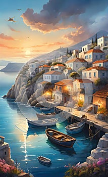 Watercolor illustration, seaside landscape of old Italy (Greece) with houses and fishing boats,
