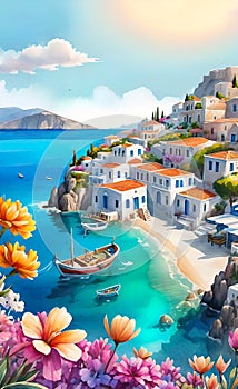 Watercolor illustration, seaside landscape of old Italy (Greece) with houses and fishing boats,