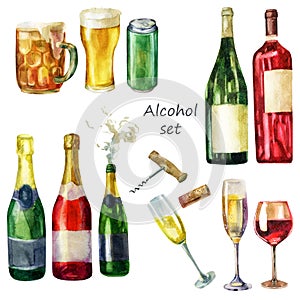 Watercolor illustration of a set of alcoholic drinks. A mug of beer, a glass of beer, a can of beer. Green bottle of wine, red