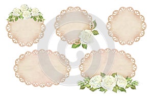 Watercolor illustration. A set of beige lace doily with compositions of white roses. Place for inscription or text