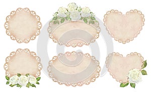 Watercolor illustration. A set of beige lace doily with compositions of white roses. Place for inscription or text. Oval