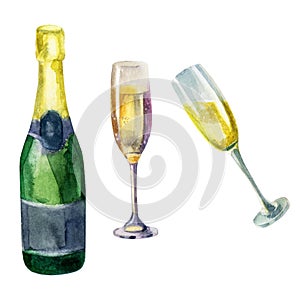 Watercolor illustration set. A bottle of champagne, wine glasses, glasses of champagne, sparkling wine