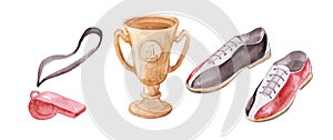 Watercolor illustration set of bowlingl cup, whistle and shoeses. A set of equipment for playing basketball. Isolated over white