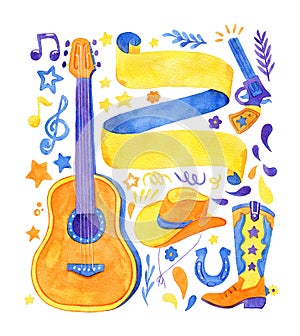 Watercolor Illustration set for Country music festival banners. Set has a guitar, hat, boot, gun, tape and other