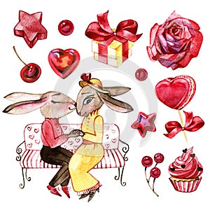 Watercolor Illustration. Set of cute couple rabbit. Great for card and greetings.