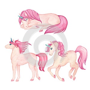 Watercolor illustration set of a cute jumping, sleeping unicorns in pink and turquoise colors,isolated om white background. Fairy-