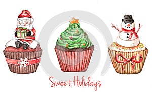 Watercolor illustration of a set of festive cupcakes