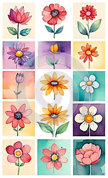 Watercolor illustration of a set of flowers for decoration, squares with flowers, seamless pattern