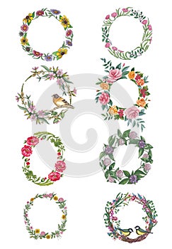 Watercolor  illustration  set of flowers wreathes.