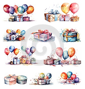 Watercolor Illustration Set Of Gift Boxes With Balls