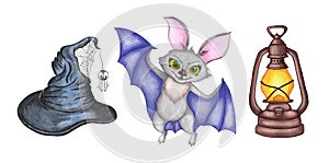 Watercolor illustration set for Halloween. Pictures of bat, lamps and witch hats.