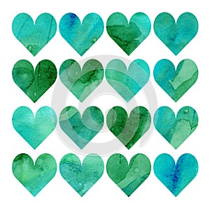 Watercolor illustration, set. Heart shaped watercolor texture. Shades of green, blue, mint and turquoise