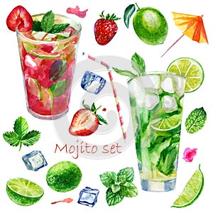 Watercolor illustration, set. Image of glasses with mojito cocktails and strawberry mojito. Mint leaves, lime, lime slices, ice