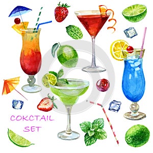 Watercolor illustration, set. Image of glasses with sex cocktails on the beach, margarita, cosmopolitan and blue lagoon. Mint