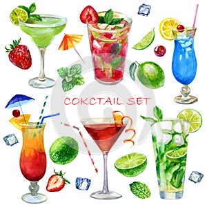 Watercolor illustration, set. Image of glasses with sex cocktails on the beach, mojito, margarita, cosmopolitan, strawberry mojito