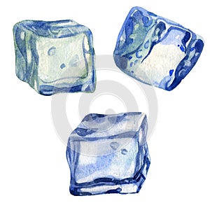 Watercolor illustration, set. The image of ice. Ice cubes for drinks, cocktails.